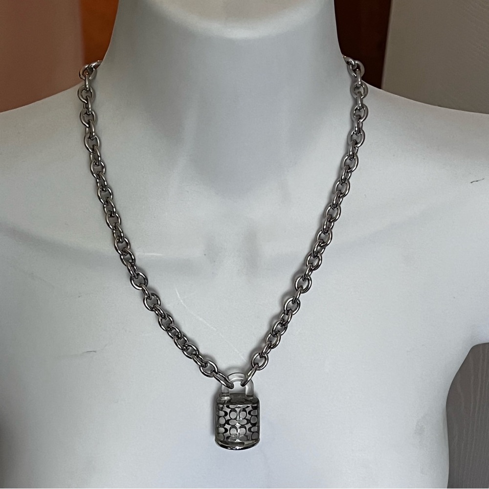 COACH Signature Lucite Padlock Pendant Necklace Silver Tone Clear C NWT - Picture 8 of 12